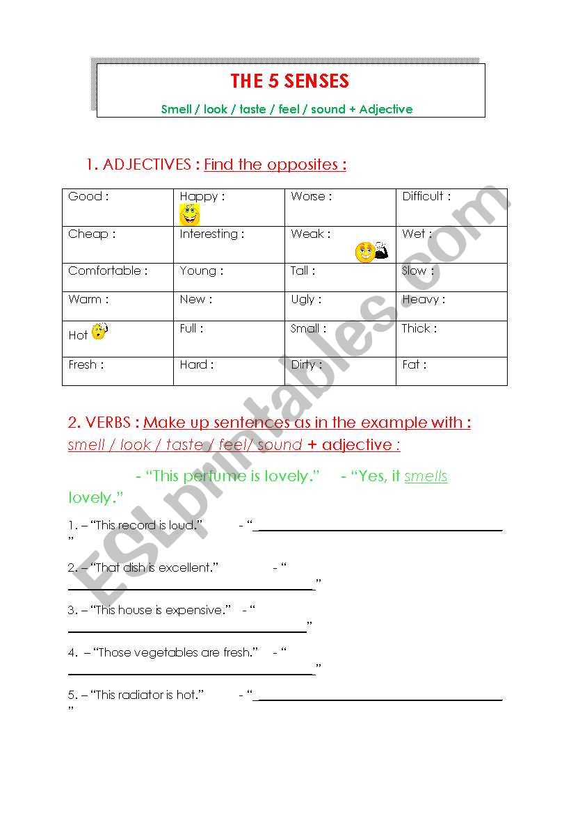 the-5-senses-verb-feel-look-sound-smell-taste-adjective-esl-worksheet-by-marie-pierre