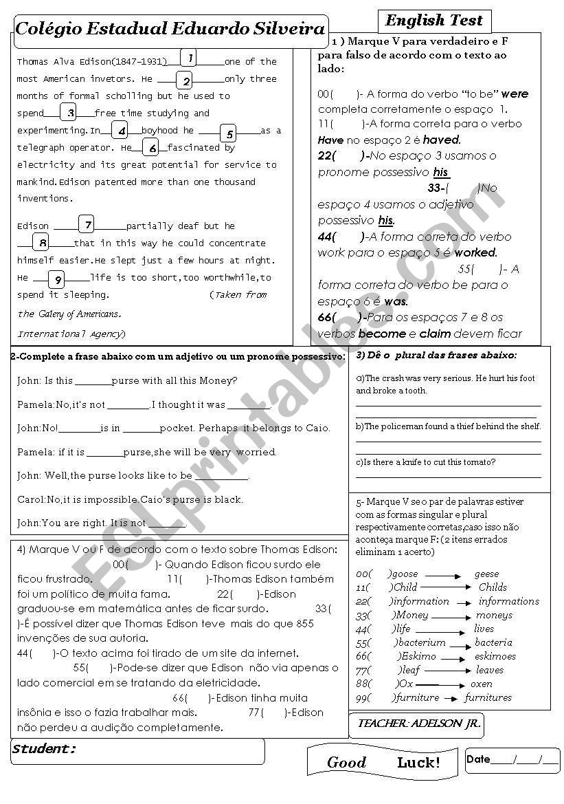 english test worksheet