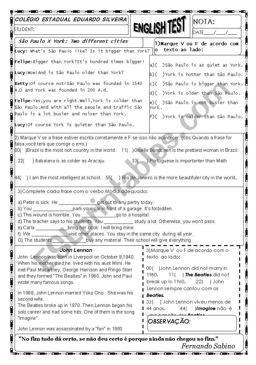 english test worksheet