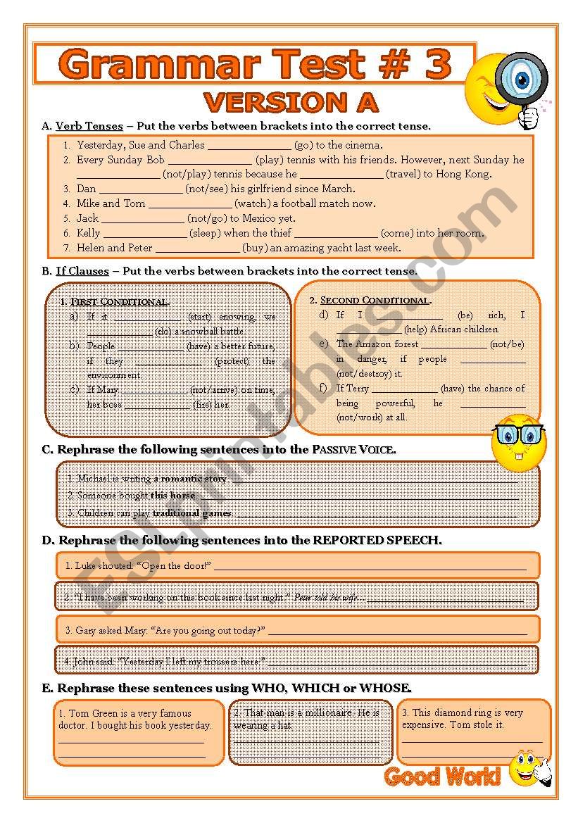 Grammar Test # 3 - includes versions A and B