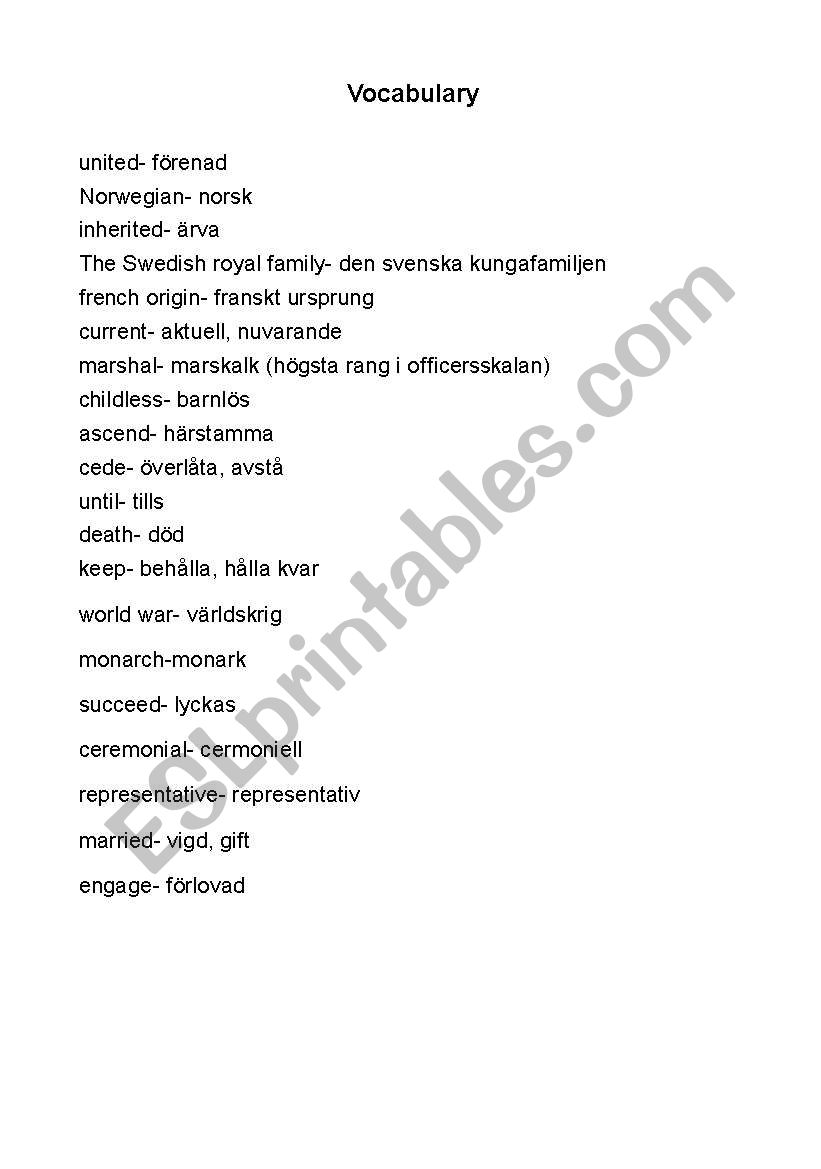 The swedish kingdom- words worksheet