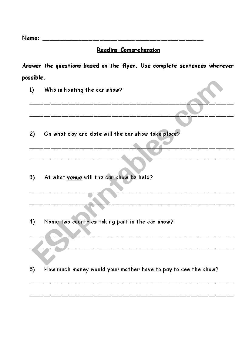 Car Show Flyer Comprehension worksheet