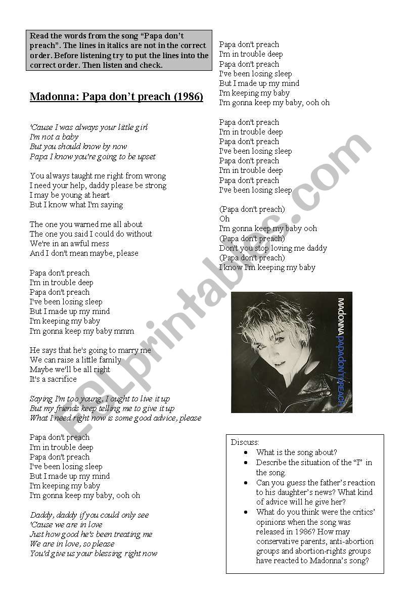 Madonna - Papa dont preach worksheet