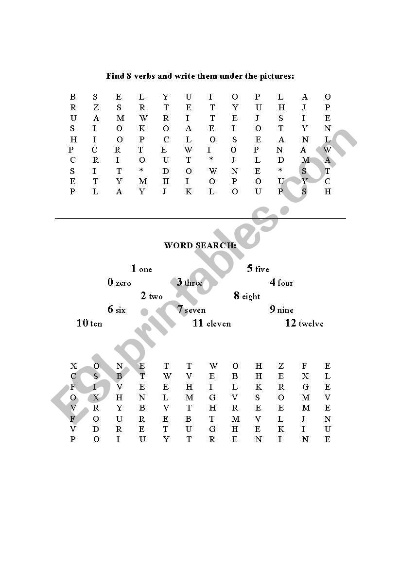 Word search: verbs and numbers (0-12)