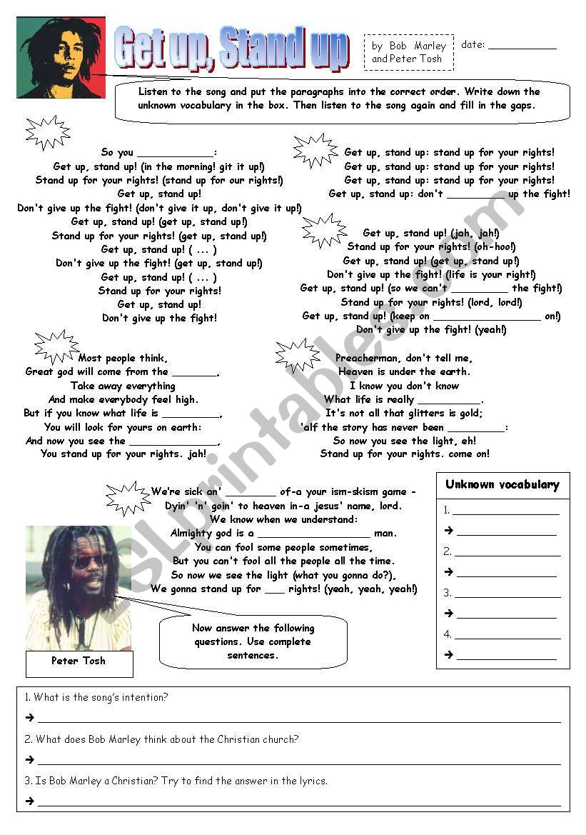 Bob Marley - Get up, Stand up worksheet