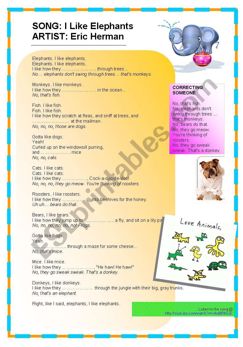 Kids Song: I Like Elephants worksheet