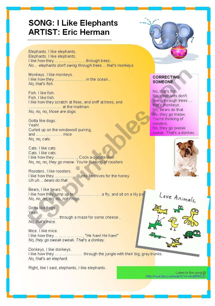 KidsÂ´ Song: I Like Elephants worksheet