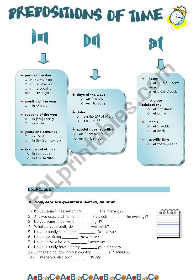 Prepositions of time worksheet