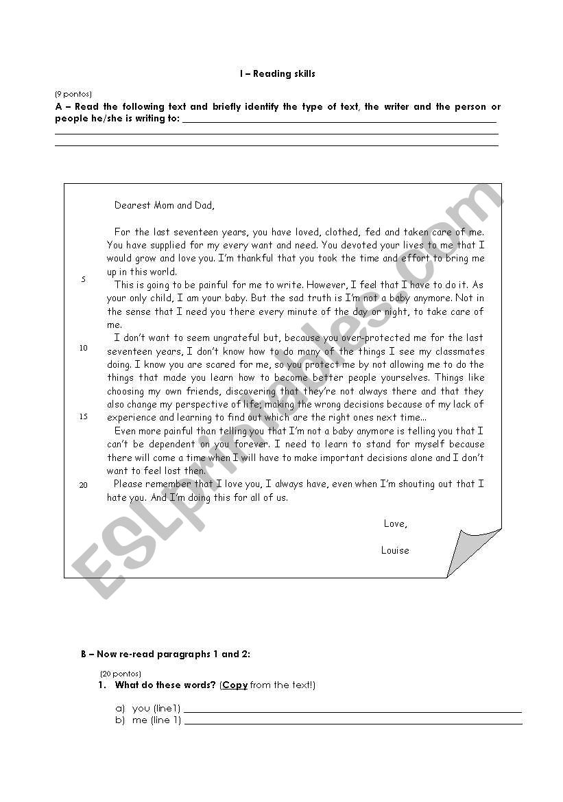 Test - young people worksheet