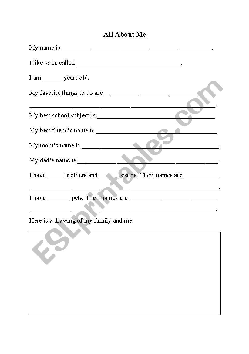 All About Me worksheet