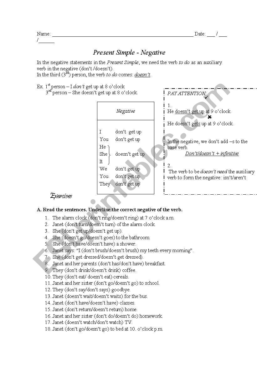 Present Simple negative worksheet