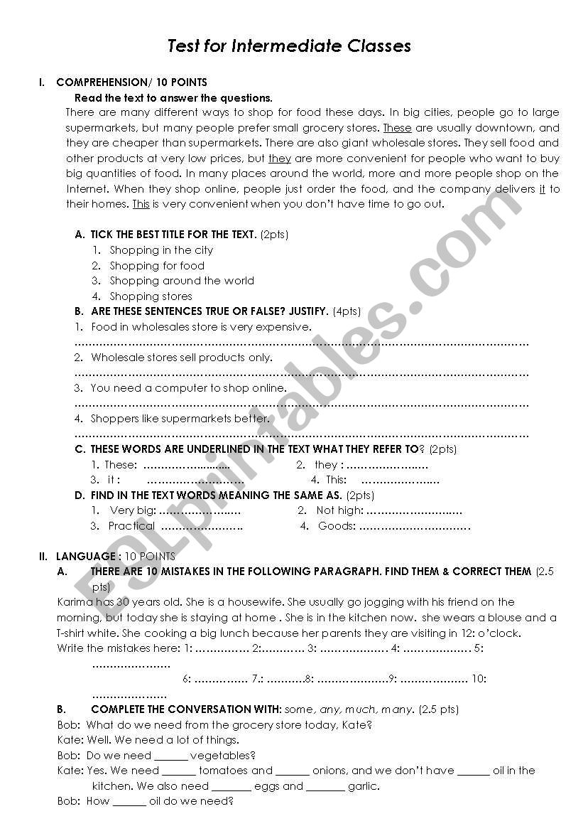 Test for Intermediate Classes worksheet