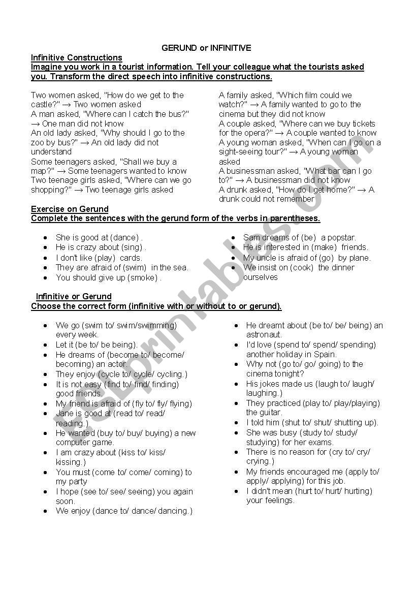 INFINITIVE AND GERUND worksheet