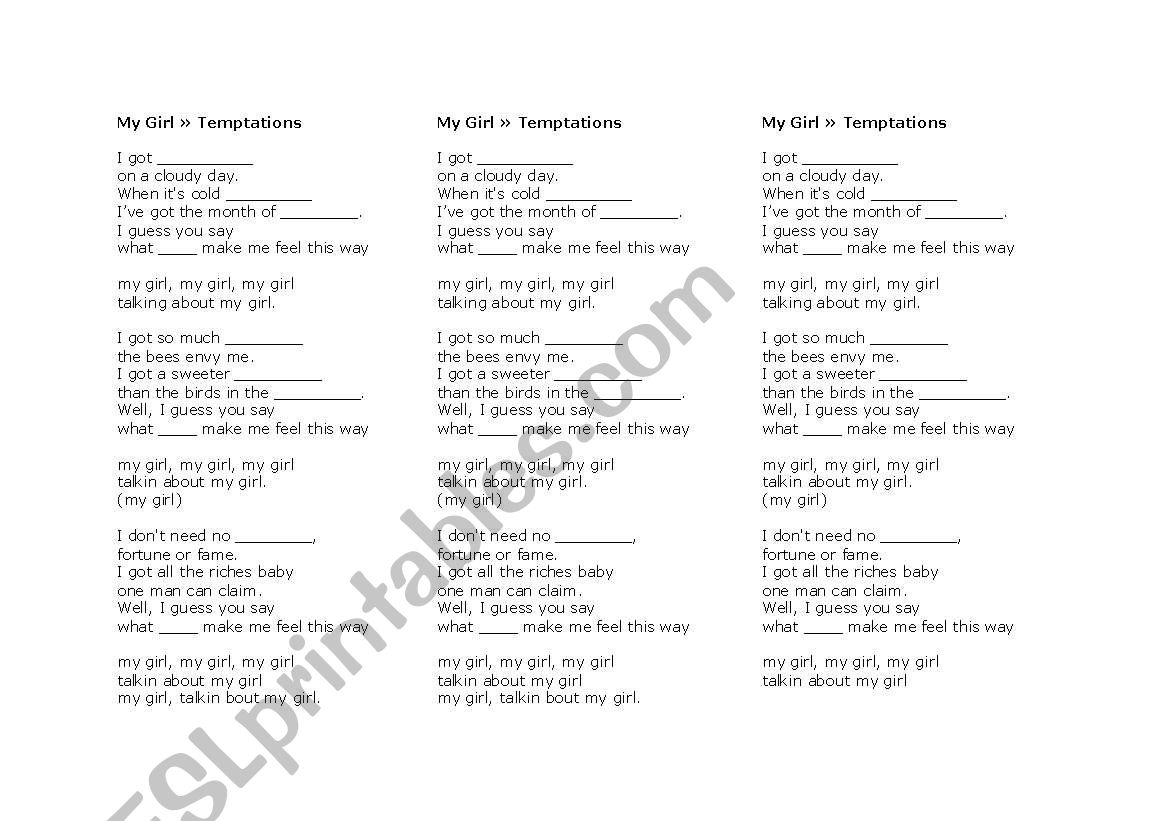 Song - My Girl worksheet