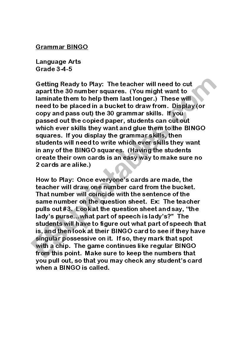Grammar BINGO worksheet