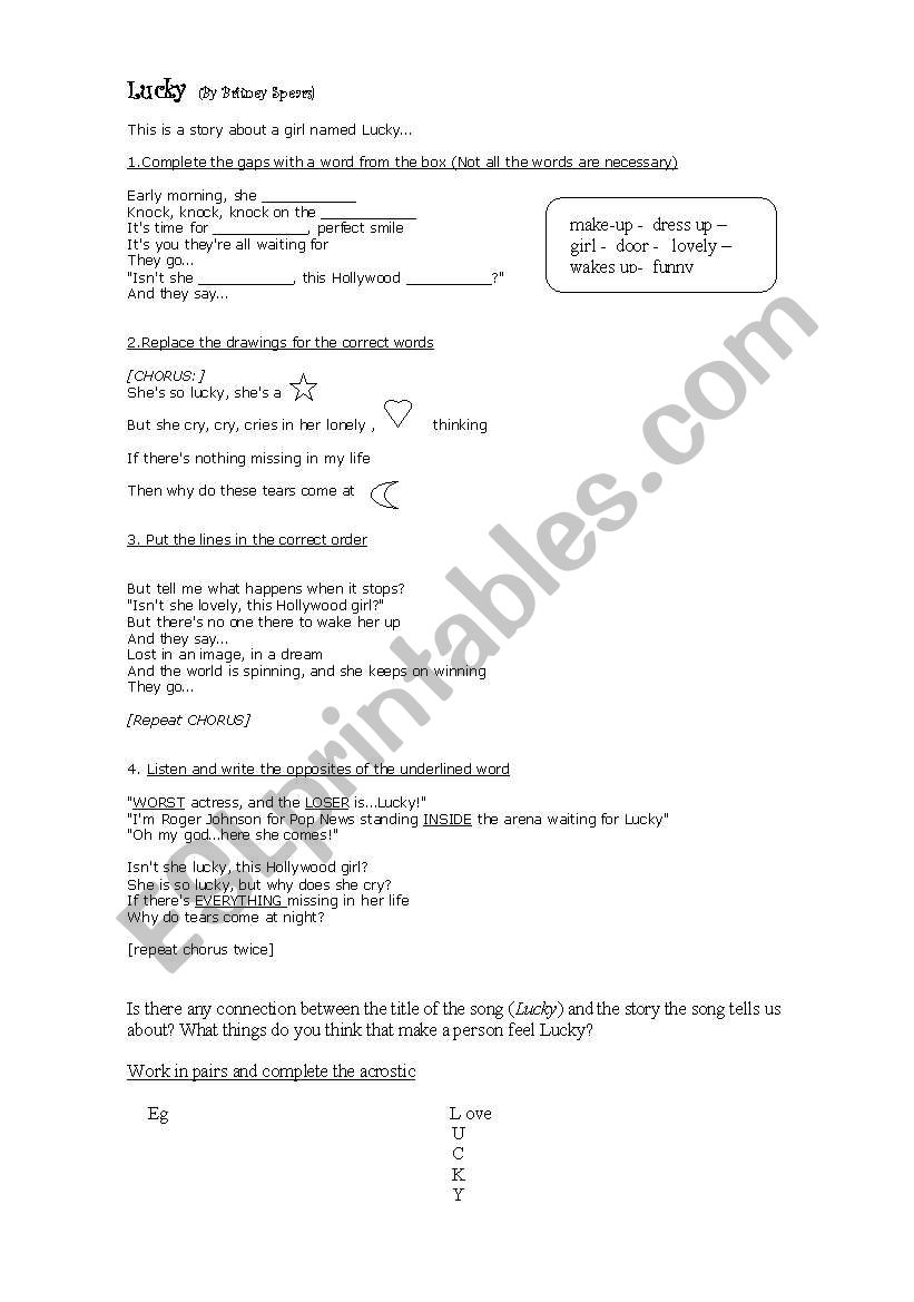 Lucky, by Britney Spears worksheet
