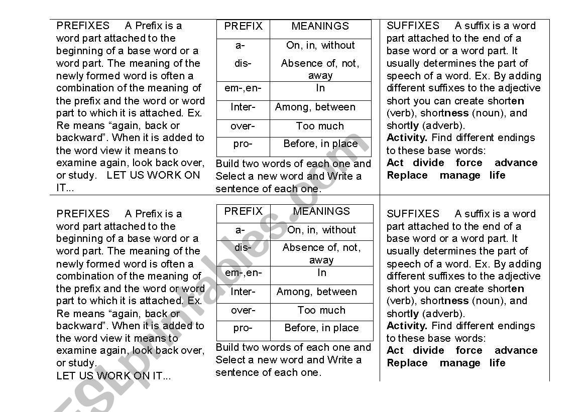 Prefix and Suffix definitions and samples