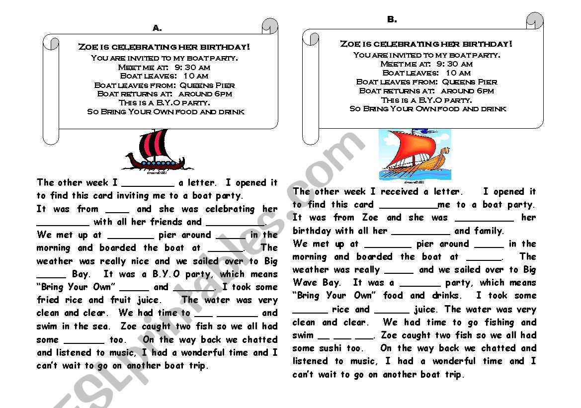 Zoes Boat Party worksheet