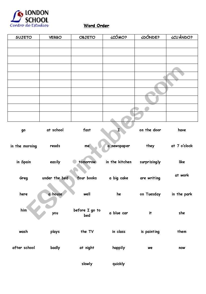 word order worksheet