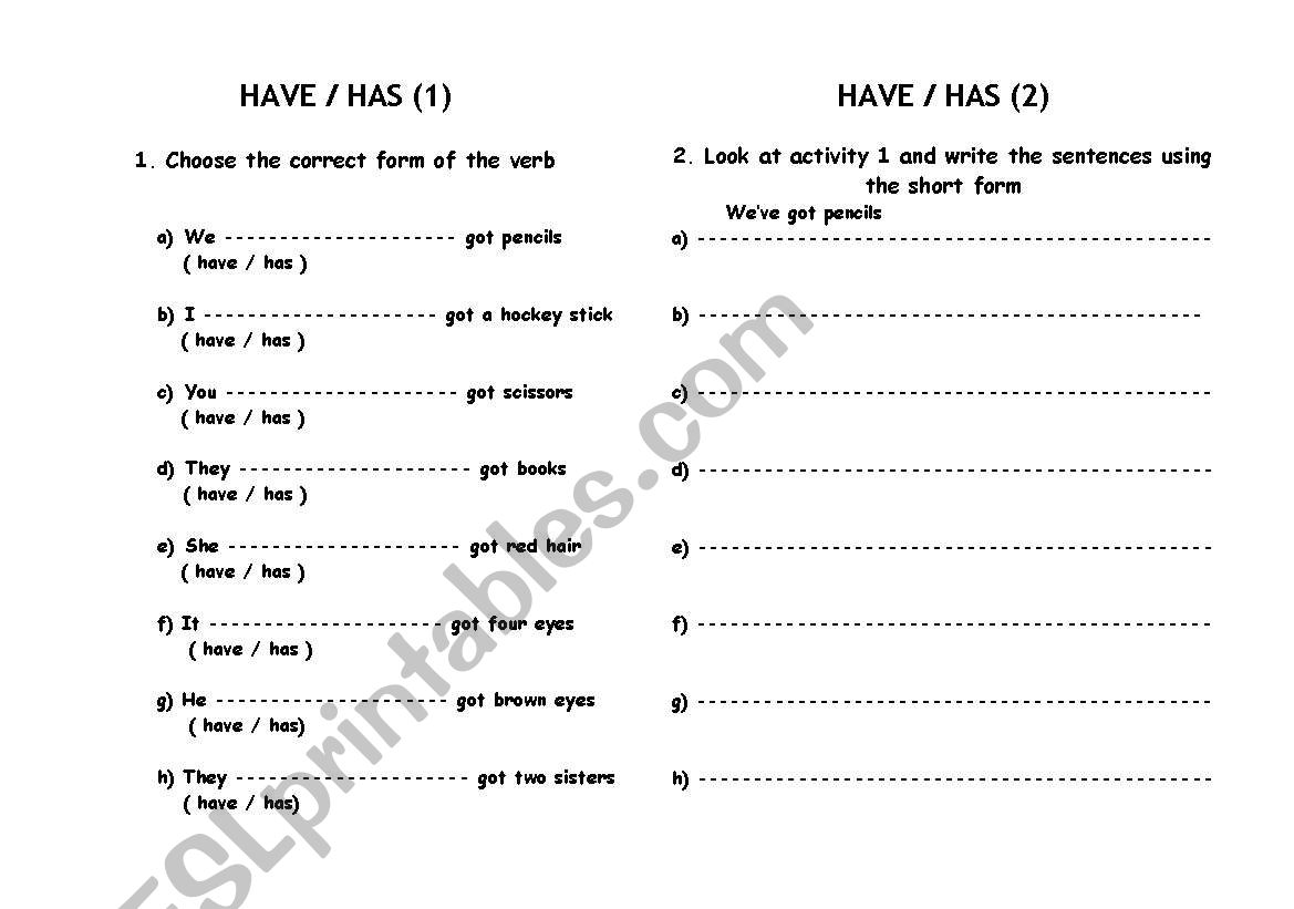 Have- Has  worksheet