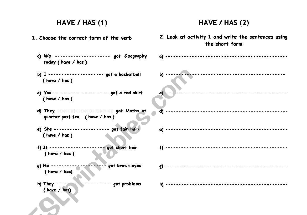 Have - has  worksheet