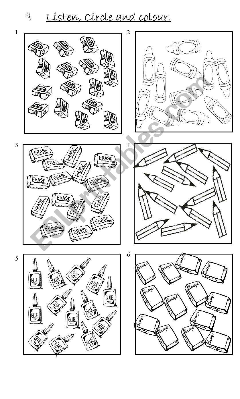 Listening + classroom objects worksheet