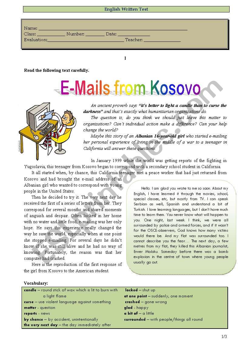 Test - E-mails from Kosovo worksheet