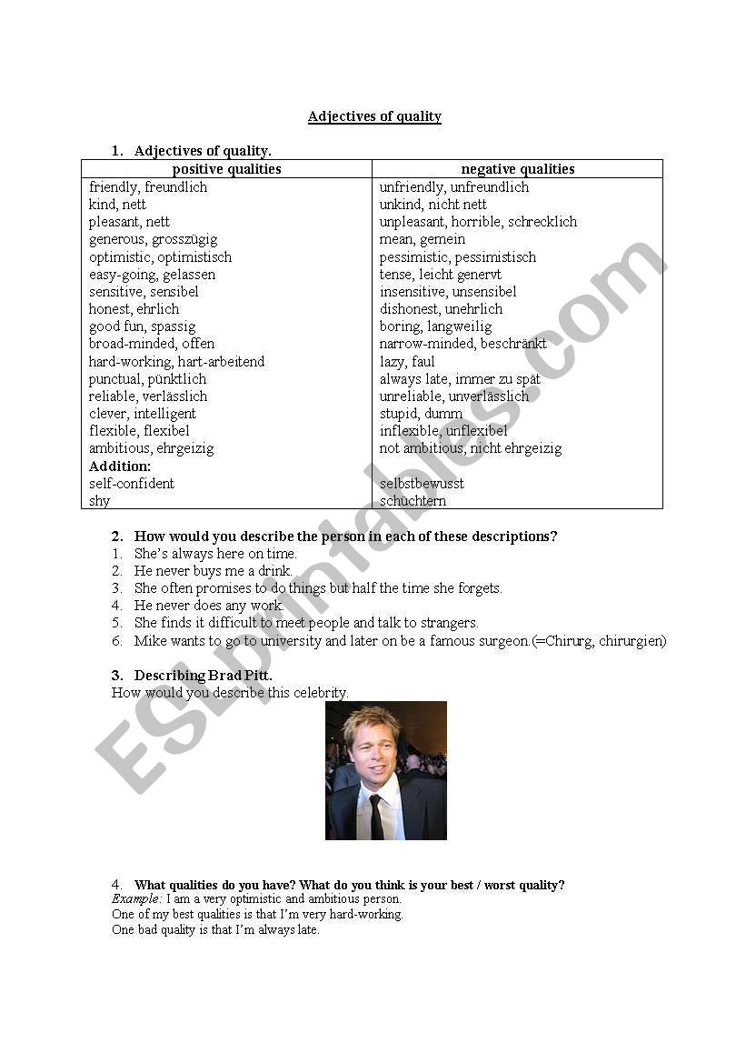 Adjectives of quality worksheet