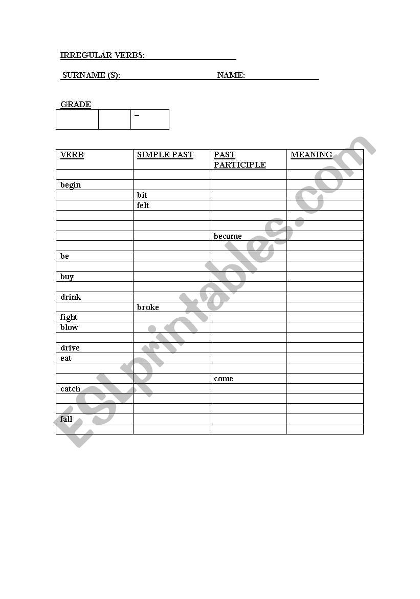 IRREGULAR VERBS - TEST worksheet