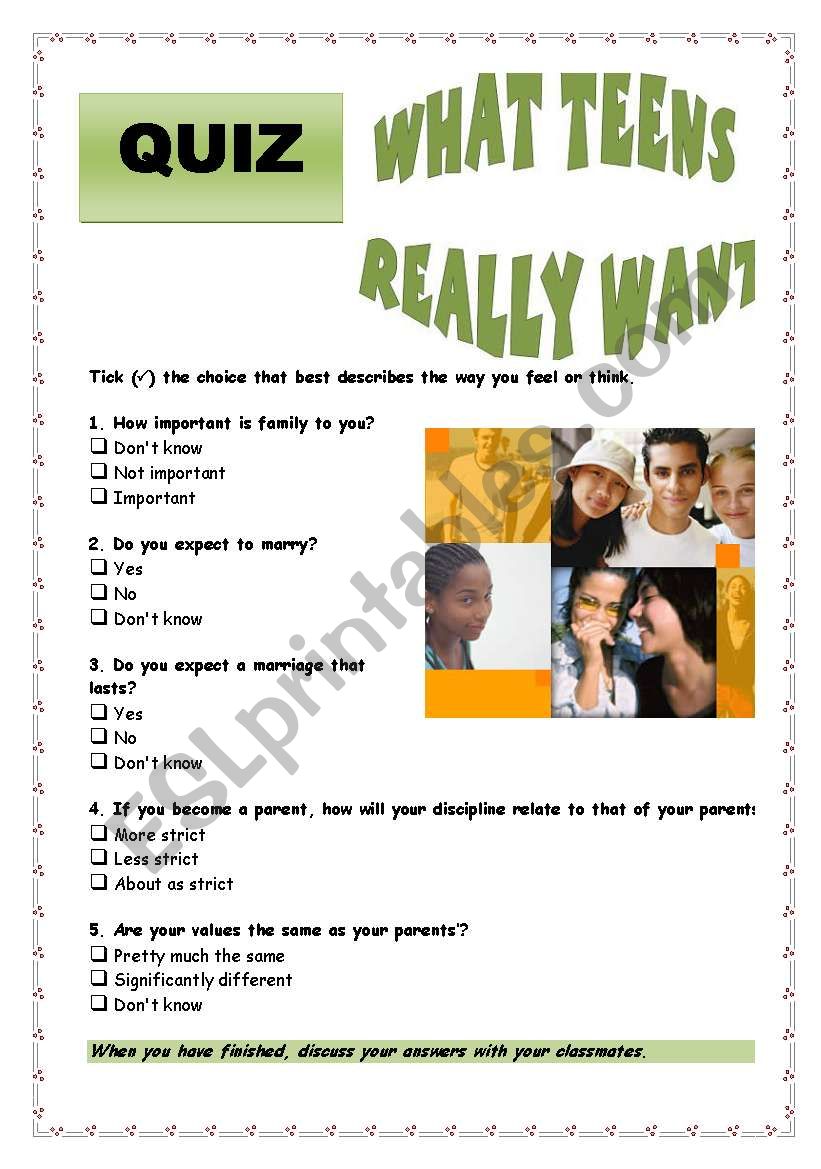 Quiz - What teen really want worksheet