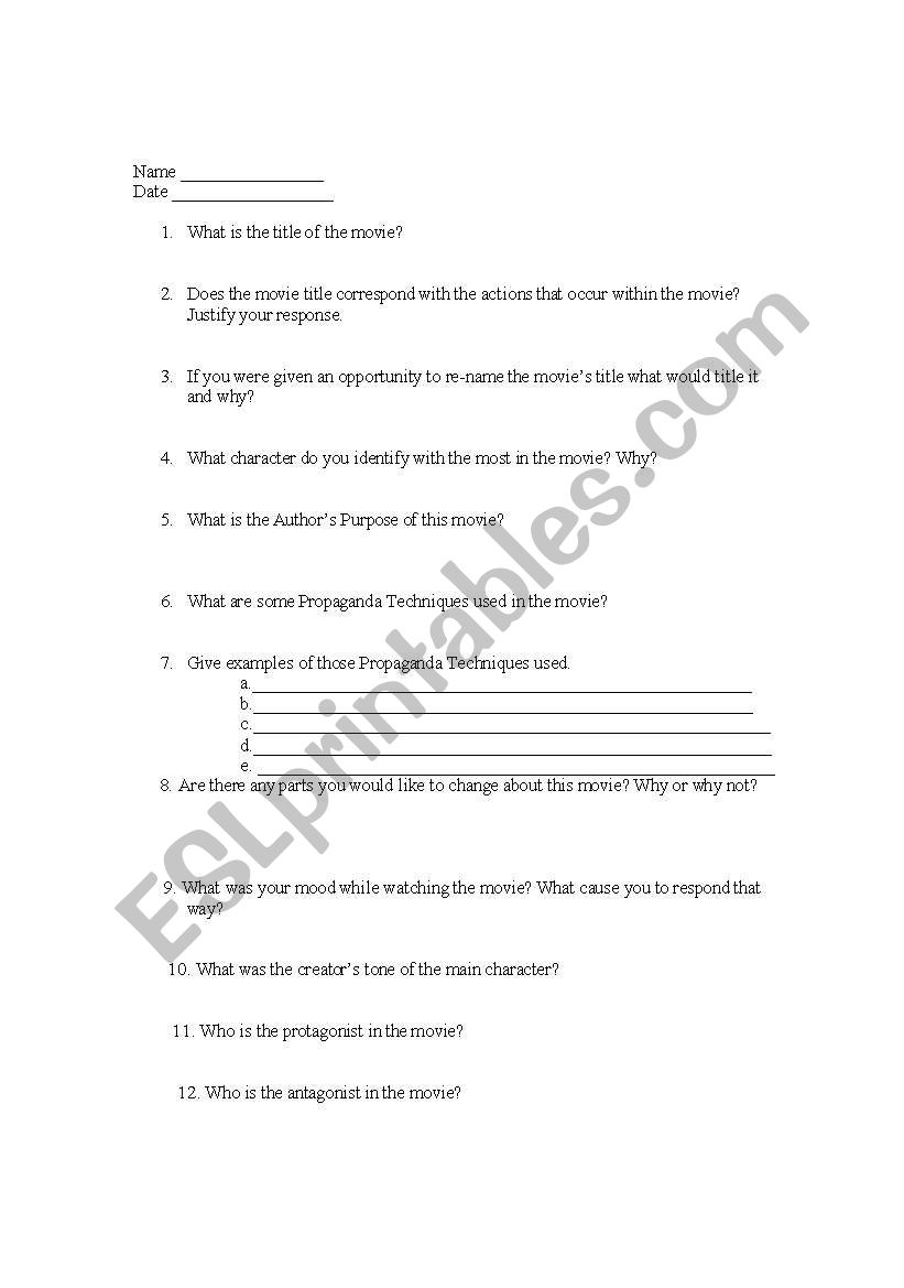 Movie Evaluation Guide worksheet