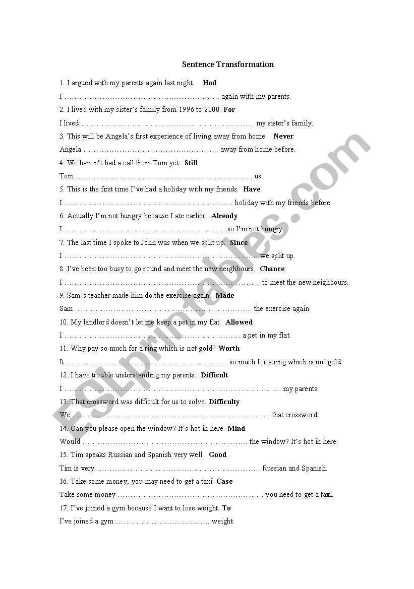 Sentence Transformation worksheet