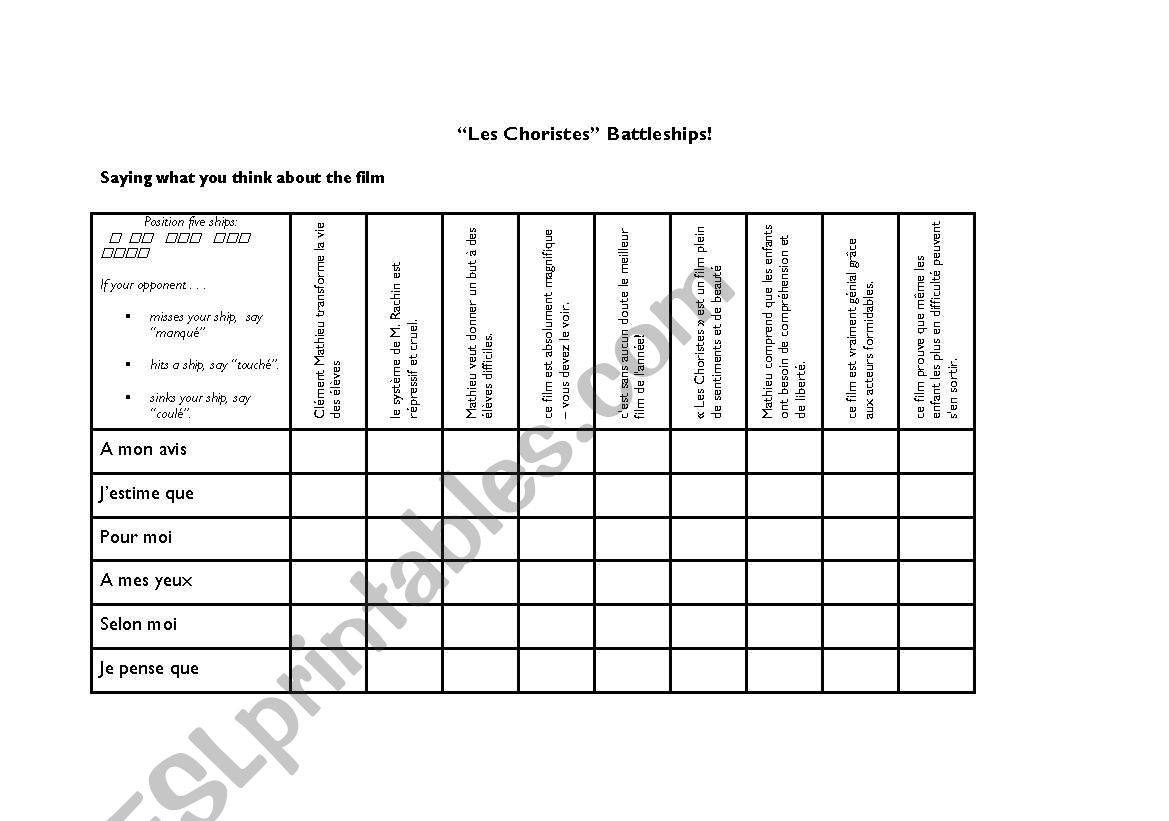 Les choristes (battleship) worksheet