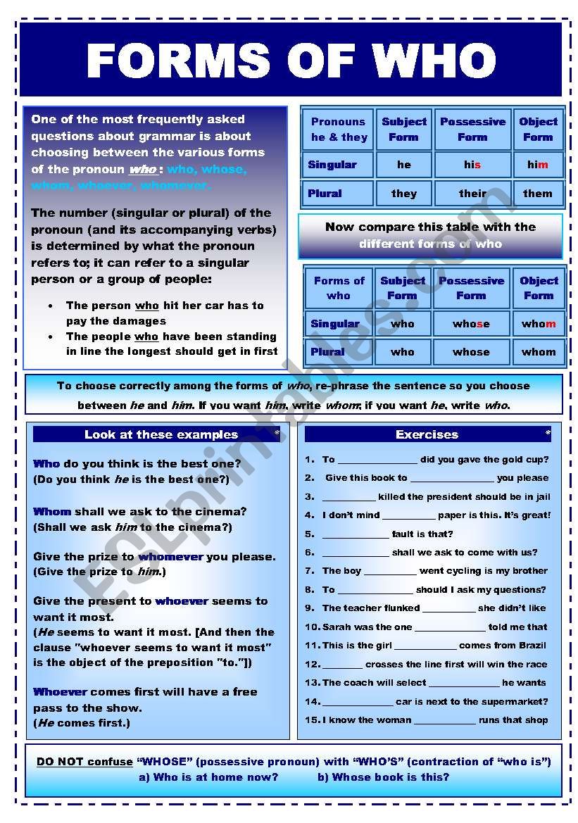 FORMS OF WHO worksheet