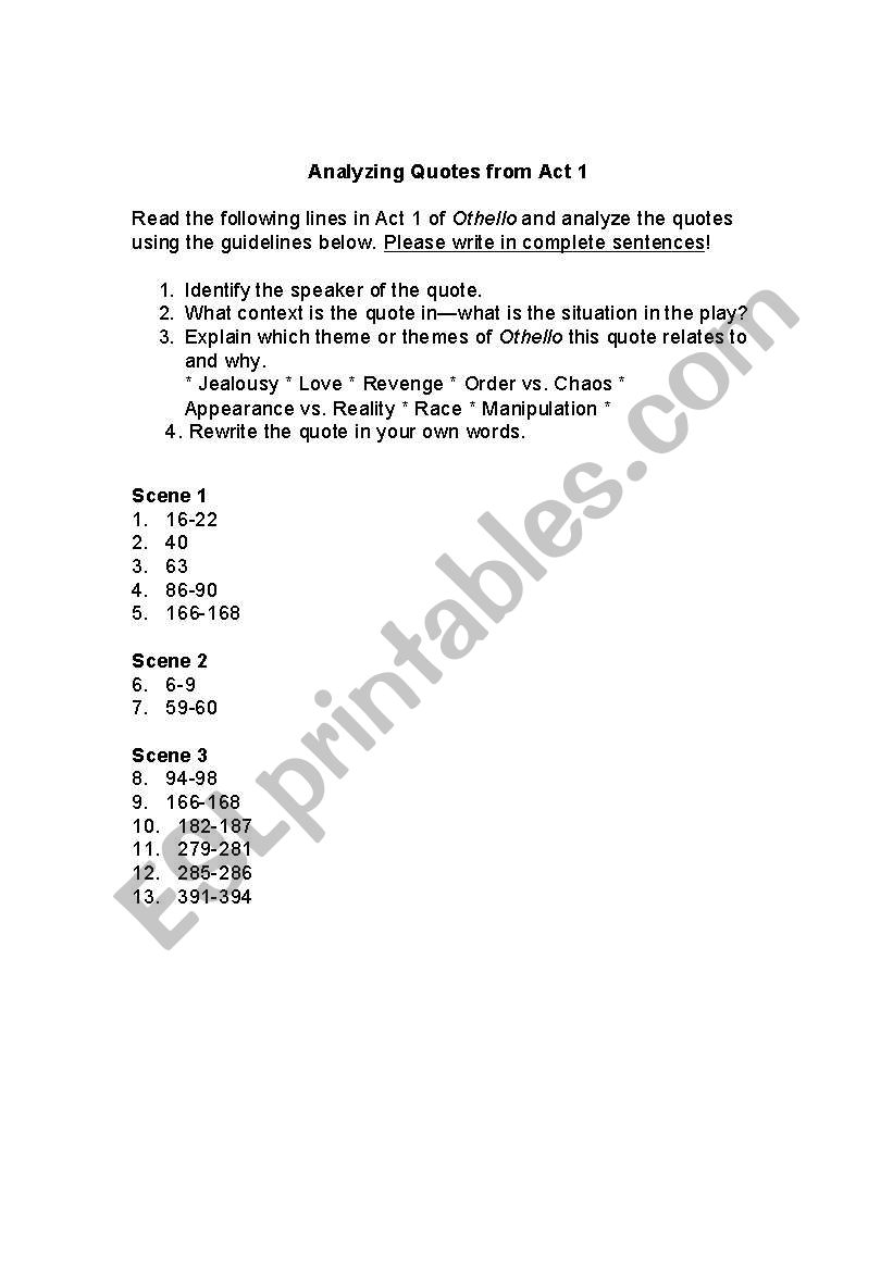 Act 1 Othello Quotes Analysis worksheet