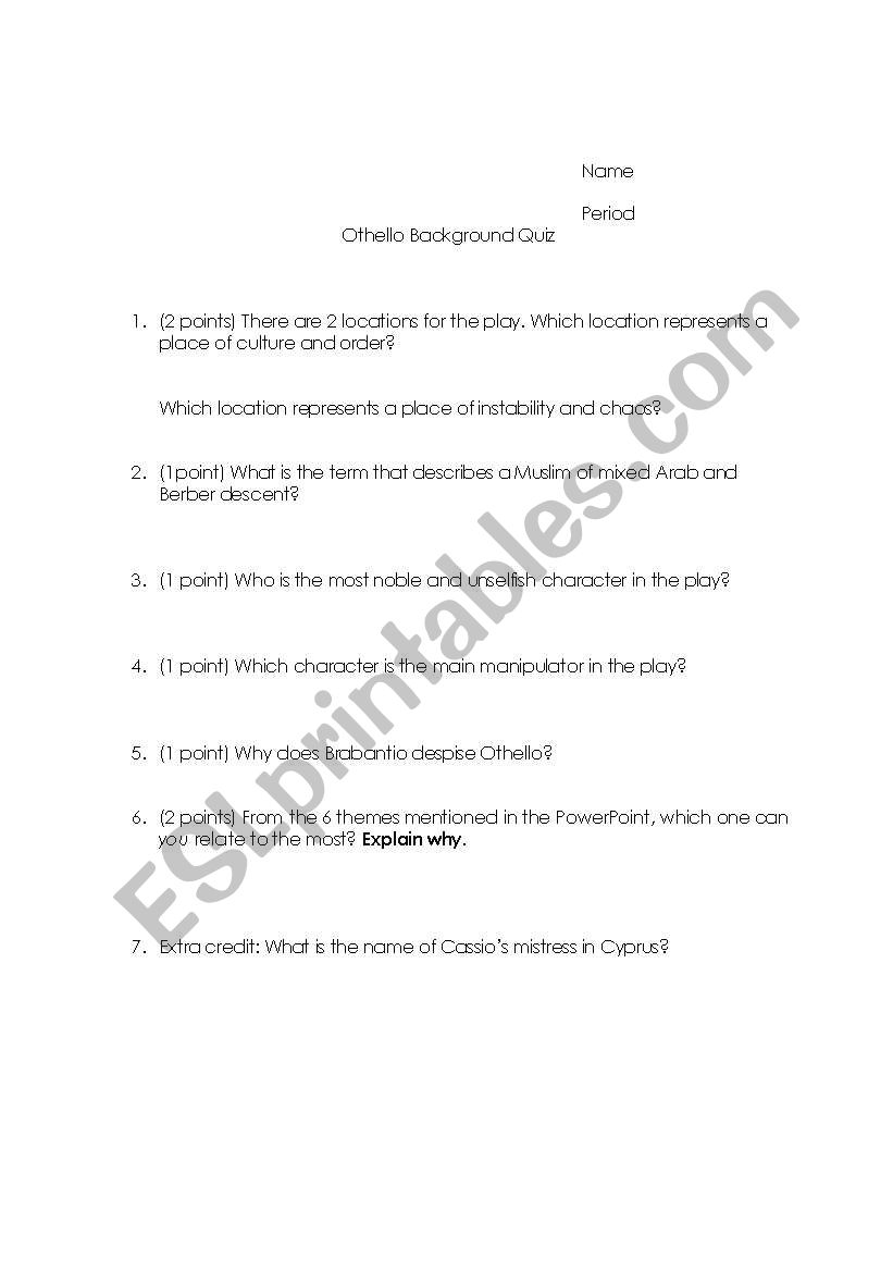 Othello Background Quiz worksheet