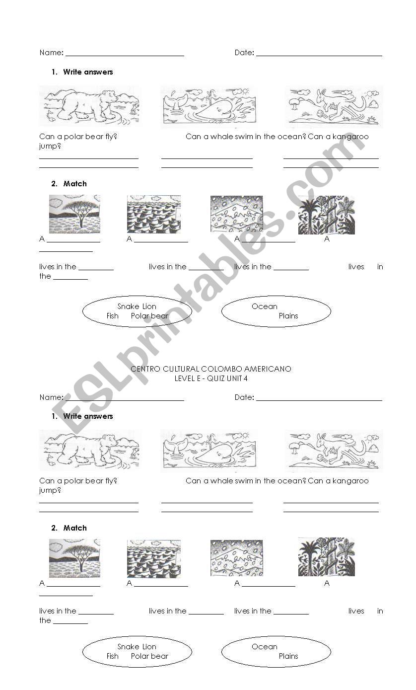 Quiz Animals-places worksheet
