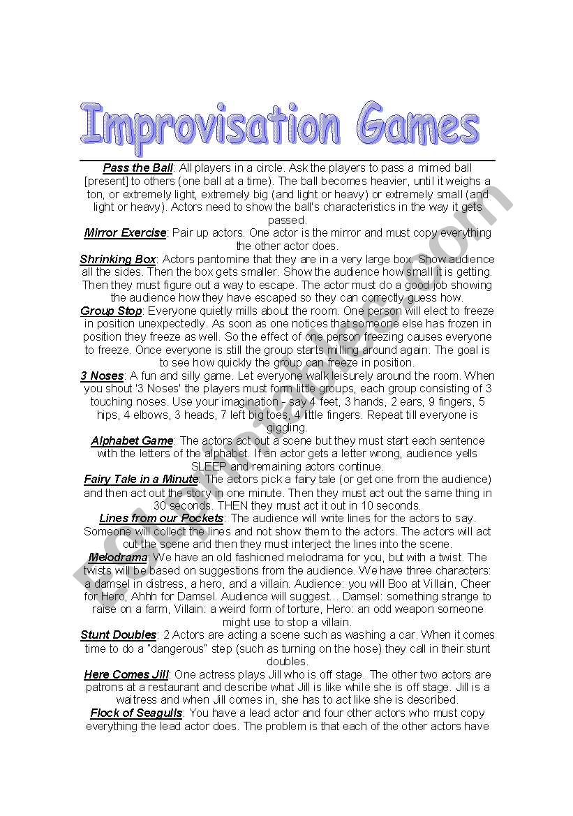 Improvisation games worksheet