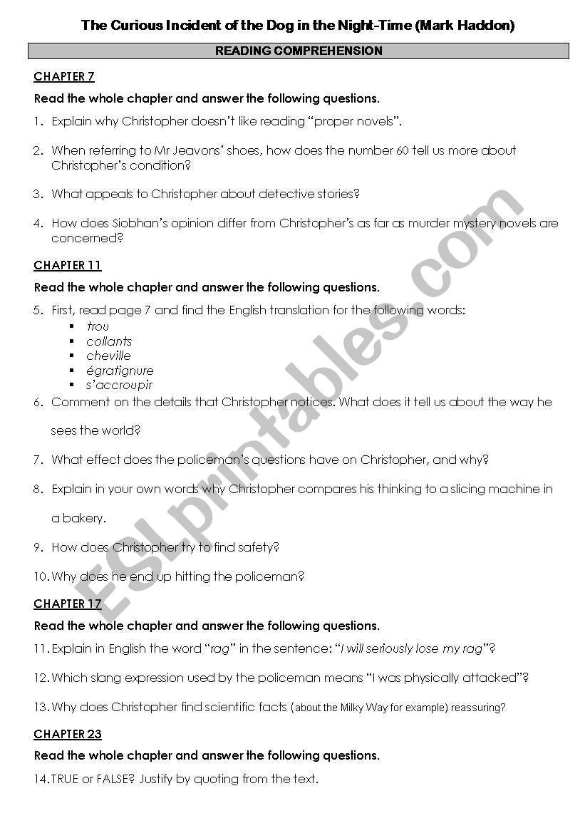 The Curious Incident of the Dog in the Night-Time - Reading Comprehension