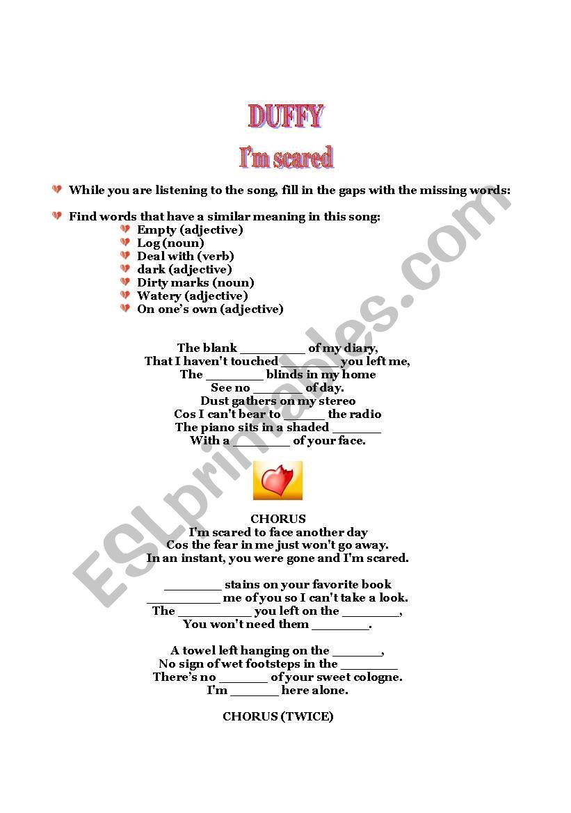 SONG BY DUFFY- IM SCARED worksheet