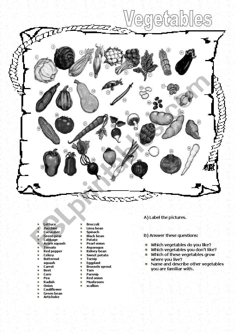 Vegatables worksheet