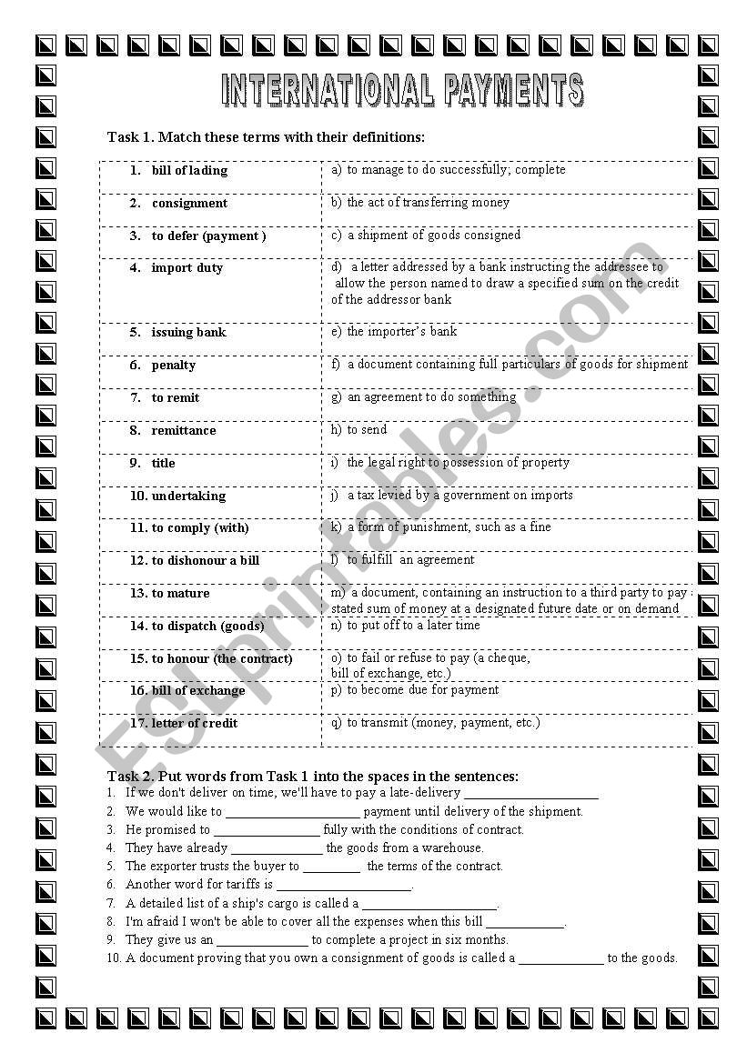 BANKING and FINANCE worksheet