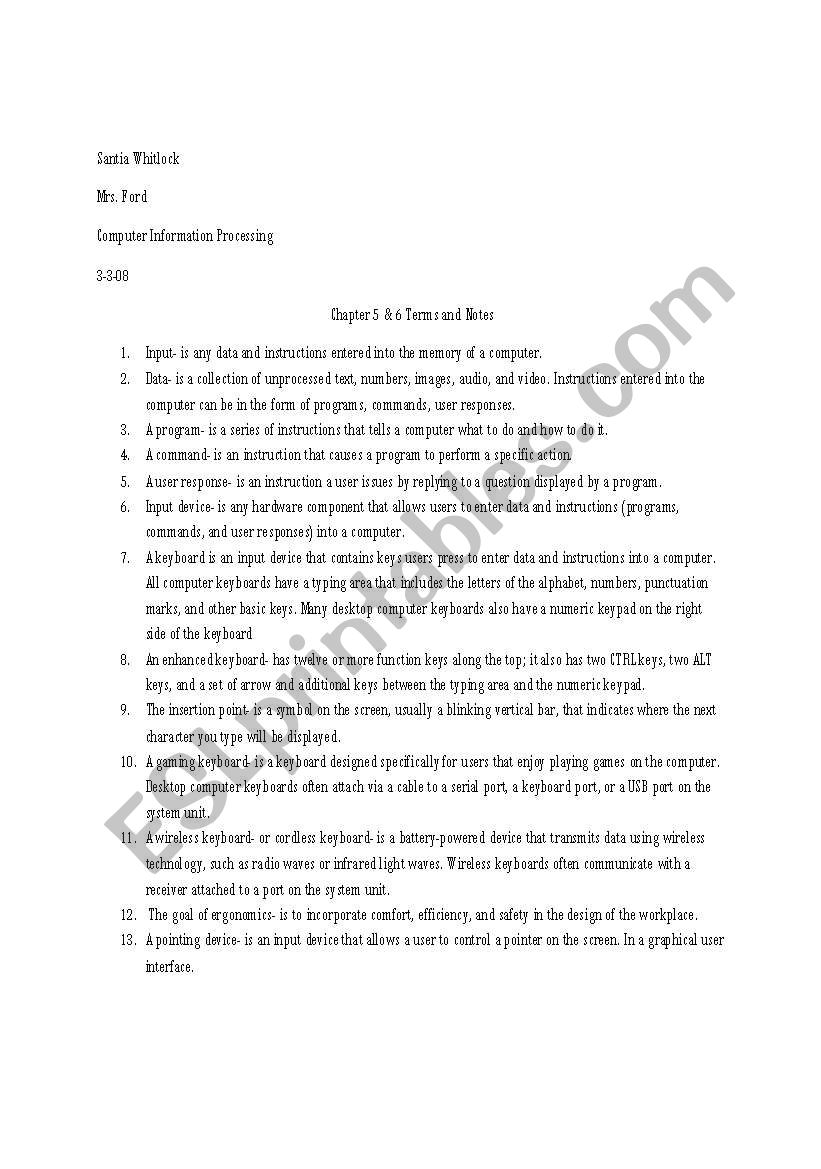 Chapter 5 & 6 Terms worksheet
