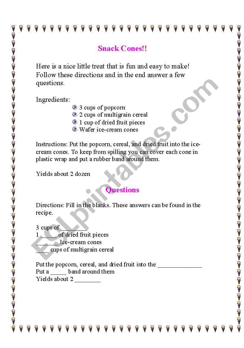 Snack Cones Recipe worksheet