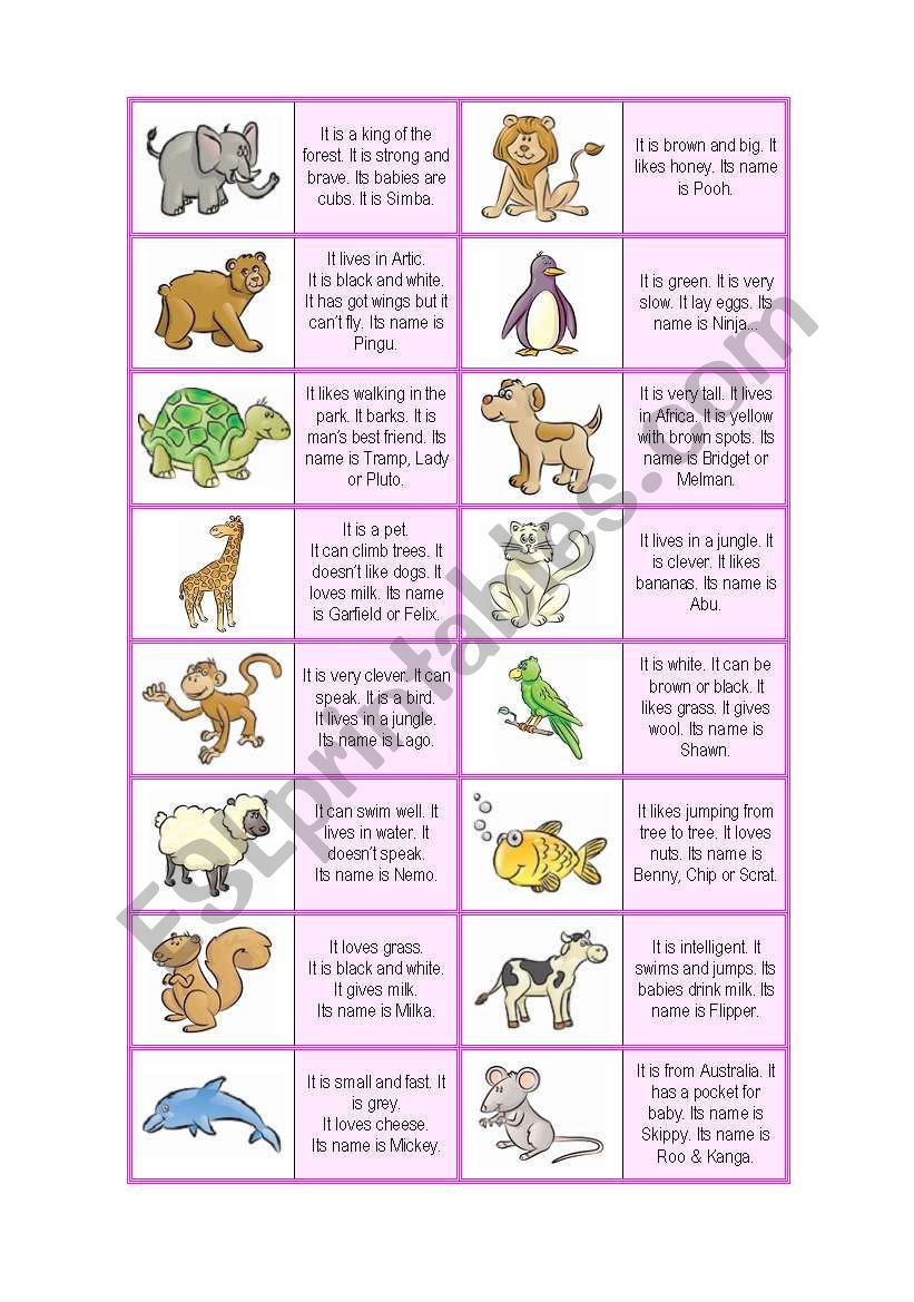 Animal Description Dominoes ( 32 CARDS ! + EXTRA RULES - 4 pages ) - A1-2 level