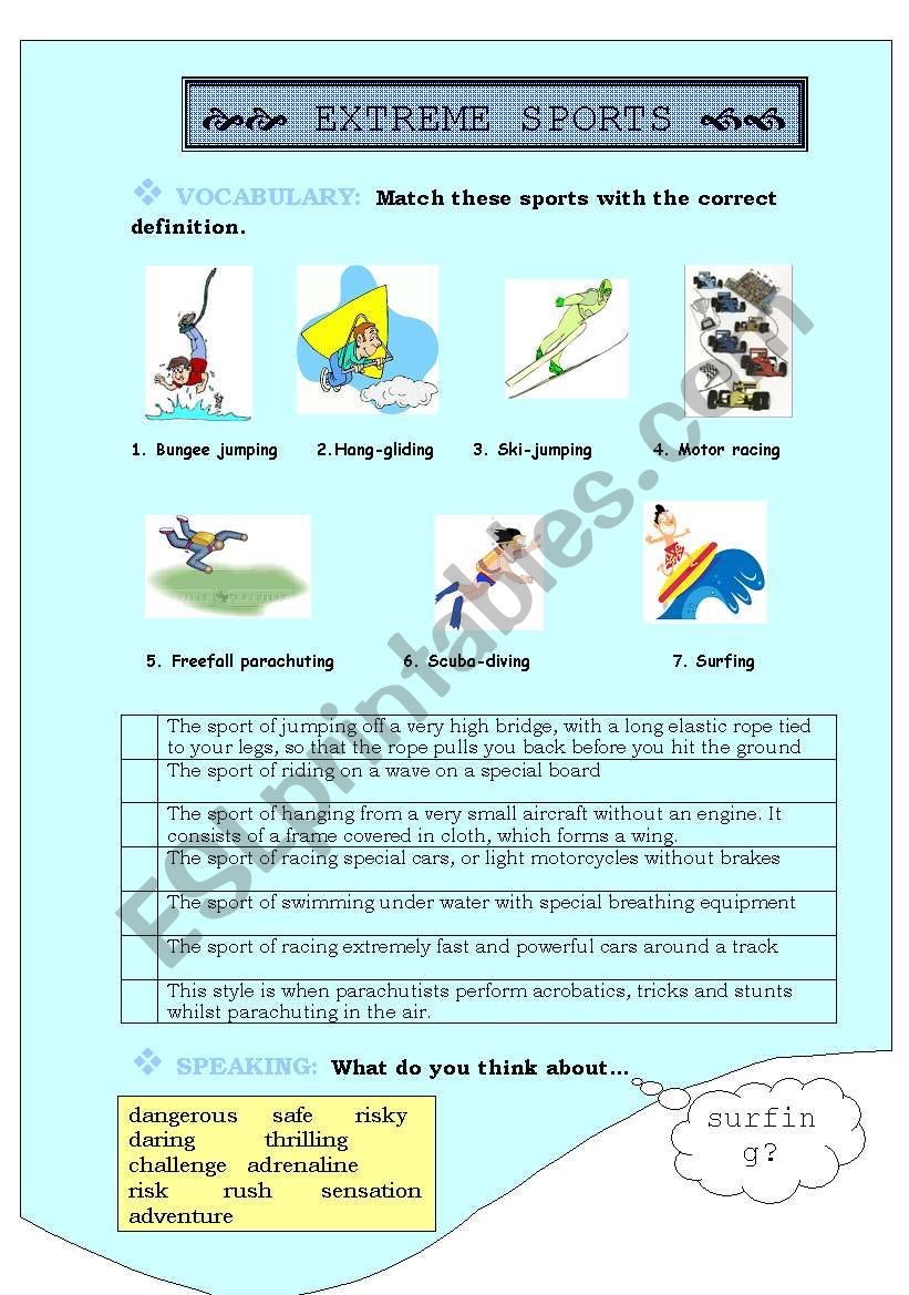 Extreme sports worksheet