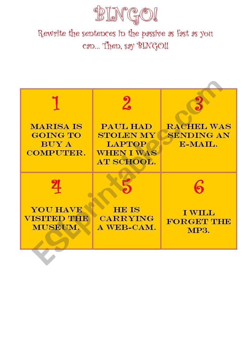 bingo (passive voice) worksheet
