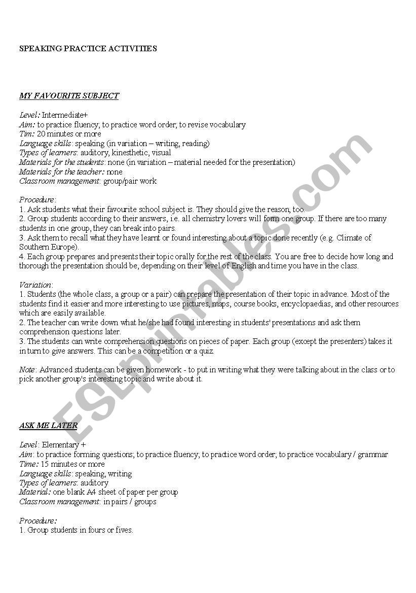 speaking practice activities worksheet