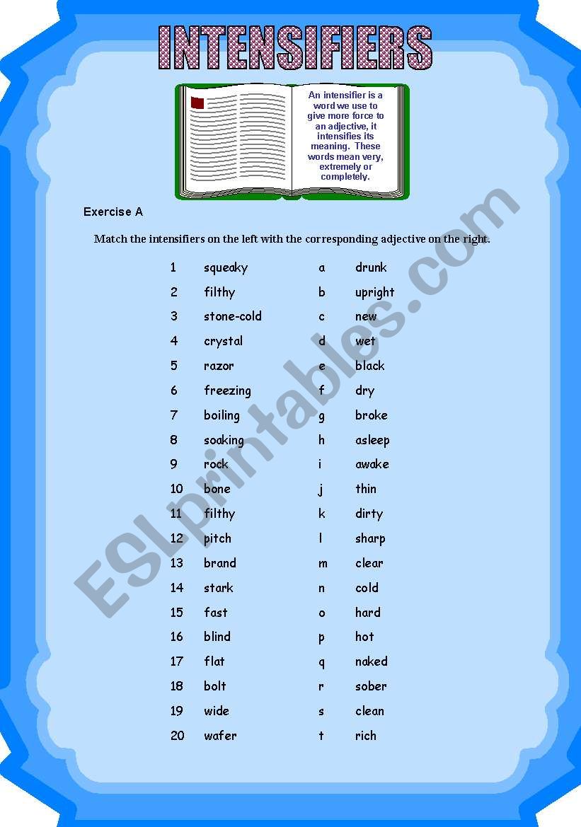 Intensifiers - 2 pages + key worksheet