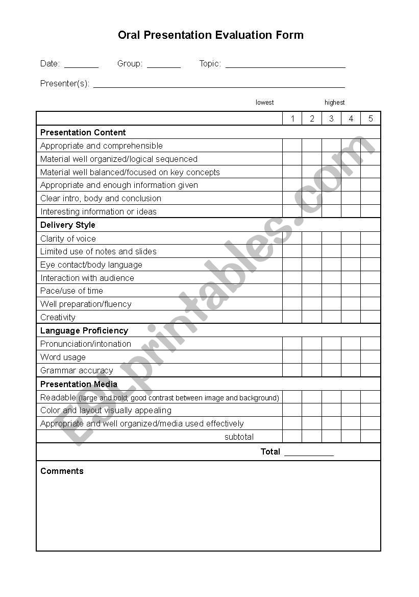 Oral presentation evaluation form - ESL worksheet by heikewang Inside Presentation Evaluation Template